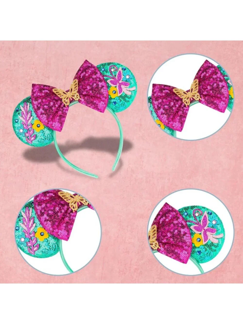 Women Pink Gold Sequin Handmade Mickey Mouse Headband 2 Pieces